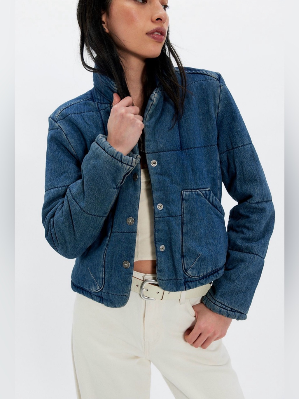 Free People Lyra Denim Jacket We The Free Quilted Snap Up Night Ride Blue